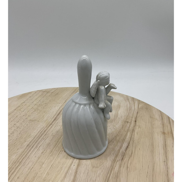 White Ceramic Angel Bell Figurine Cherub Sitting On Bell Decorative Collectible - Picture 2 of 7